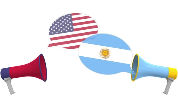Bolhas de fala com bandeiras da Argentina e dos EUA. Diálogo intercultural ou palestras internacionais relacionadas com renderização 3D — Fotografia de Stock