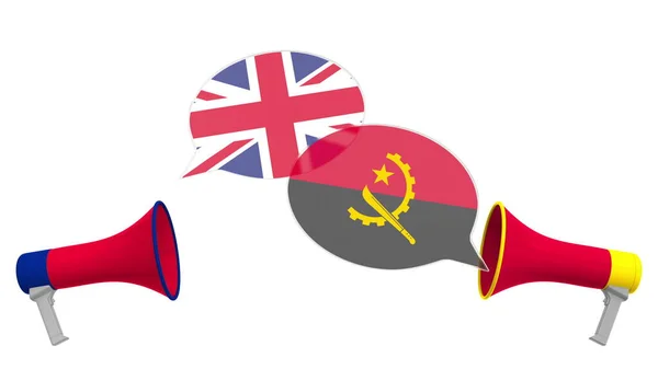 アンゴラとイギリスの旗で泡を話す。異文化間の対話や国際会談関連の3Dレンダリング — ストック写真