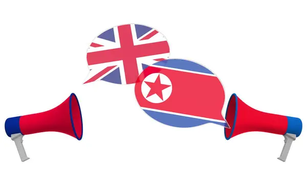北朝鮮と英国の国旗を使ったスピーチバブル。異文化間の対話や国際会談関連の3Dレンダリング — ストック写真