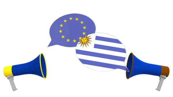 Bandeiras do Uruguai e da União Europeia em bolhas de fala com alto-falantes. Diálogo intercultural ou palestras internacionais relacionadas com renderização 3D — Fotografia de Stock