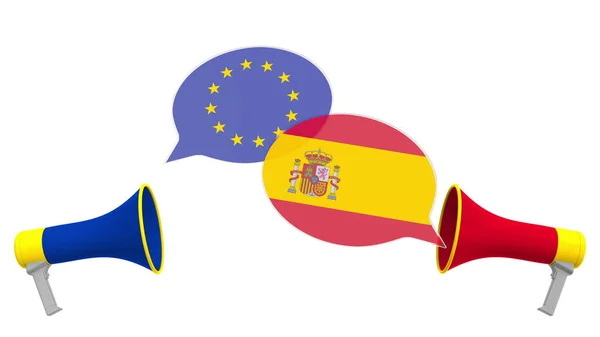 Bolle di discorso con bandiere della Spagna e dell'Unione europea UE. Dialogo interculturale o colloqui internazionali relativi al rendering 3D — Foto Stock