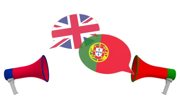 Portekiz ve Birleşik Krallık bayraklı konuşma baloncukları. Kültürler arası diyalog veya 3D sunumuyla ilgili uluslararası görüşmeler — Stok fotoğraf