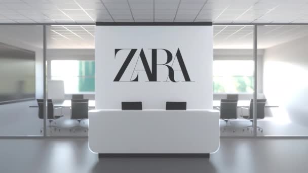 Modern ofiste resepsiyon masasının üstünde Zara logosu, editoryal kavramsal 3D animasyon — Stok video