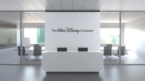 Logo of The Walt Disney Company на стіні в сучасному офісі, редакційна концептуальна 3D анімація — стокове відео
