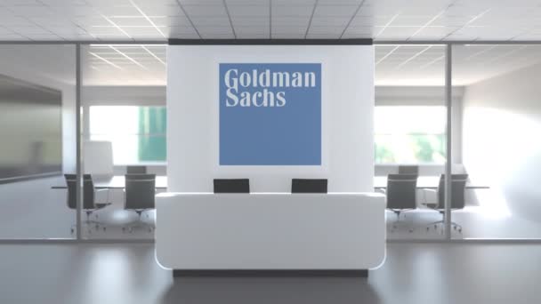 A Goldman Sachs logója a modern iroda falán, szerkesztői koncepció 3D animáció — Stock videók