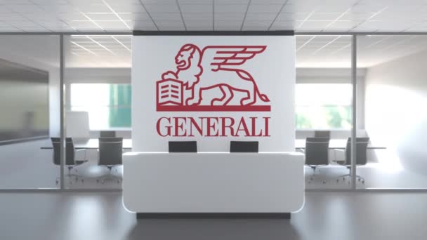Logotipo de GENERALI en una pared en la oficina moderna, animación conceptual editorial 3D — Vídeo de stock
