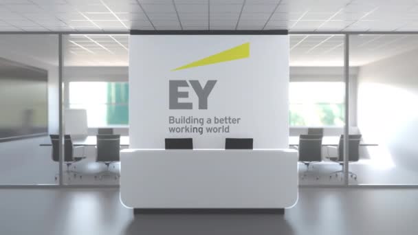 Logo of Ey on a wall in the modern office, editorial concept 3d animation — стокове відео