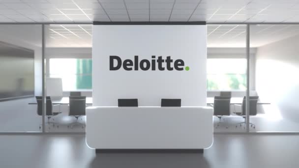 Deloitte λογότυπο πάνω από το γραφείο υποδοχής στο σύγχρονο γραφείο, εκδοτική εννοιολογική 3d animation — Αρχείο Βίντεο