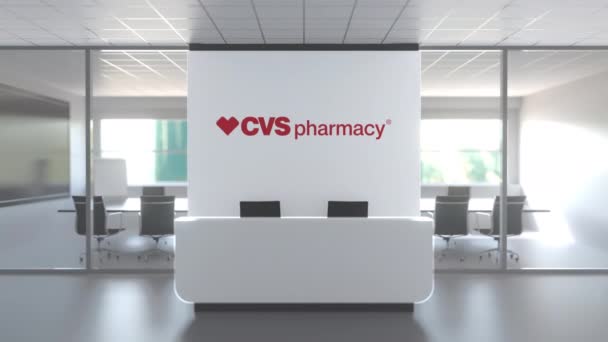 Cvs Apotek logotyp ovanför receptionen i det moderna kontoret, redaktionell konceptuell 3D-animation — Stockvideo