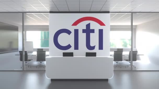 Citi-Logo über der Rezeption im modernen Büro, redaktionelle konzeptionelle 3D-Animation — Stockvideo