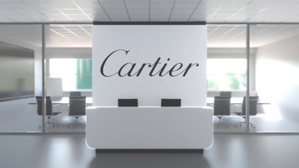 Cartier logotyp i modernt kontor och mötesrum, redaktionell konceptuell 3D-animation — Stockvideo