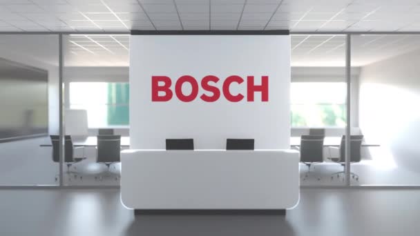 Bosch logó modern irodában és tárgyalóban, szerkesztőségi koncepció 3D animáció — Stock videók