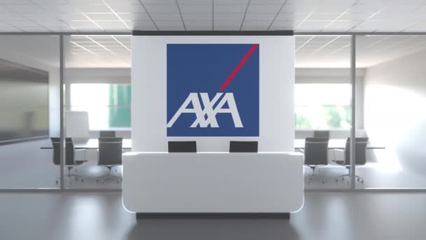 Logotipo de AXA en una pared en la oficina moderna, animación conceptual editorial 3D — Vídeo de stock