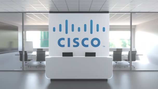 Logotipo de CISCO en una pared en la oficina moderna, animación conceptual editorial 3D — Vídeo de stock