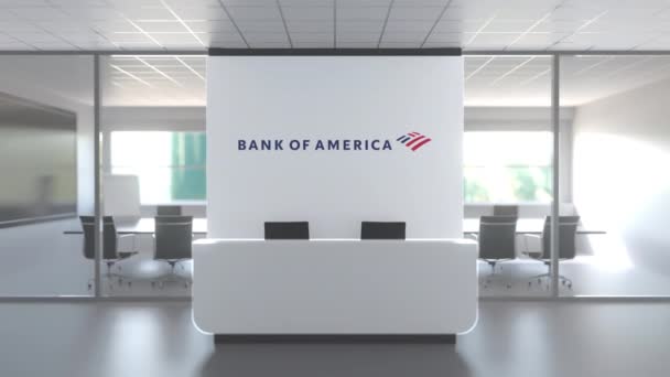 Logotipo del BANCO DE AMÉRICA en una pared en la oficina moderna, animación conceptual editorial 3D — Vídeos de Stock