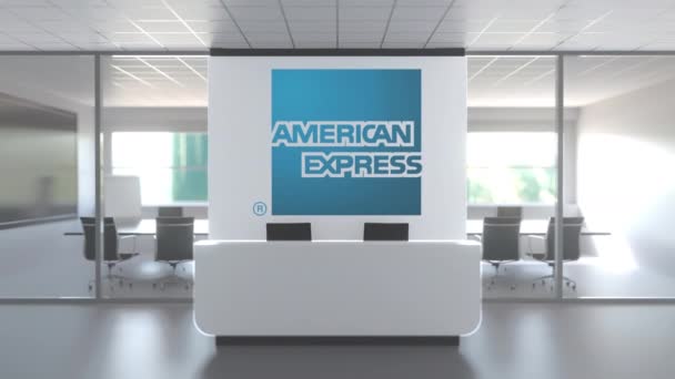 Logotyp för American Express på en vägg i det moderna kontoret, redaktionell konceptuell 3D-animation — Stockvideo