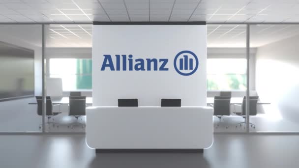 Logo Allianz Se na zdi v moderní kanceláři, redakční konceptuální 3D animace — Stock video