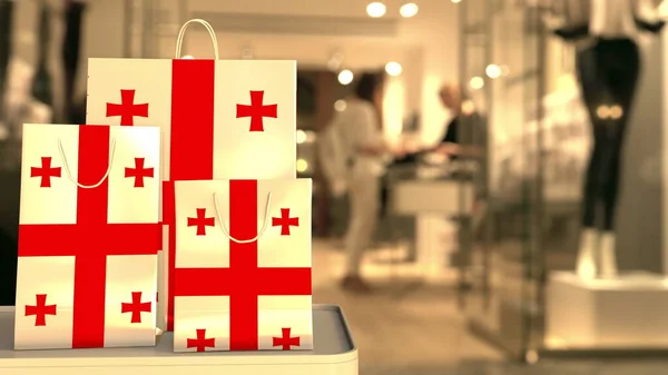 纸袋上的格鲁吉亚国旗挡住了模糊的商店入口. 零售相关3D渲染 — 图库照片