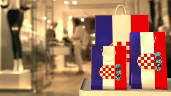 크로아티아의 국기, 신문 쇼핑백에 뿌려진 상점 입구에 붙어 있다. 소매 관련 3D 렌더링 — 스톡 사진