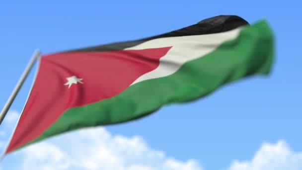 Літаючий національний прапор Йорданії, вид з низьким кутом зору. Loopable realistic повільний рух 3d анімація — стокове відео