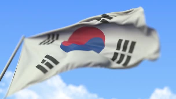 Flying national flag of South Korea, low angle view. Animación Loopable realista en cámara lenta 3D — Vídeos de Stock