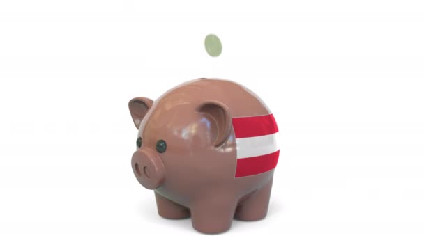 オーストリアの旗を持って貯金箱にお金を入れる。租税制度又は貯蓄関係概念3Dアニメーション — ストック動画