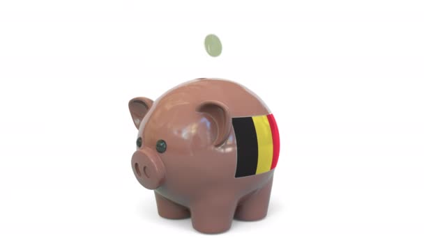 Geld in Sparschweine mit belgischer Flagge stecken. Steuersystem oder Ersparnisse im Zusammenhang mit konzeptioneller 3D-Animation — Stockvideo