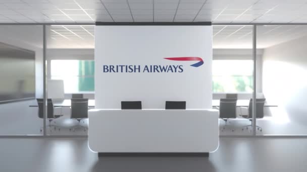 Logo van British Airways op een muur in het moderne kantoor, redactionele conceptuele 3D animatie — Stockvideo