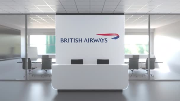 Logo av BRITISH AIRWAYS på en vegg i det moderne kontoret, redaksjonell konseptuell 3D-animasjon – stockvideo