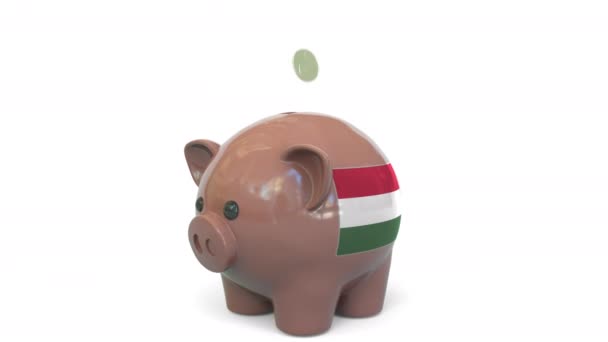 Geld in spaarpot stoppen met vlag van Hongarije. Belastingssysteem of spaargerelateerde conceptuele 3D-animatie — Stockvideo