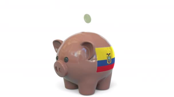 Putting money into piggy bank with flag of Ecuador. Tax system system or savings related conceptual 3D animation — Stock Video