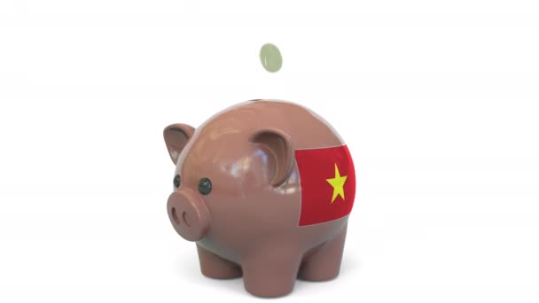 Wkładanie pieniędzy do skarbonki z flagą Wietnamu. System podatkowy lub animacja koncepcyjna 3D związana z oszczędnościami — Wideo stockowe