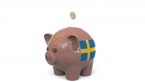 Putting money into piggy bank with flag of Sweden. Tax system system or savings related conceptual 3D animation — Stock Video