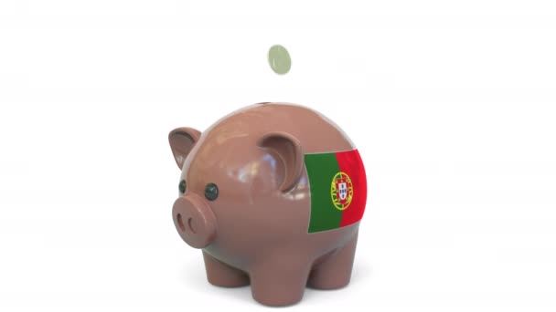 Putting money into piggy bank with flag of Portugal. Tax system system or savings related conceptual 3D animation — Stock Video