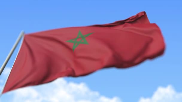 Flying national flag of Morocco, low angle view. Animación Loopable realista en cámara lenta 3D — Vídeos de Stock