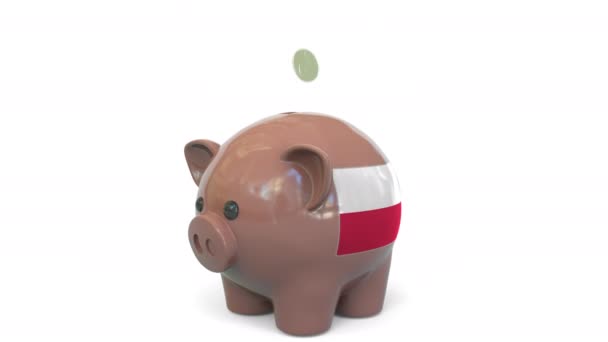 Lägga pengar på spargris med Polens flagga. Skattesystem eller sparrelaterad begreppsmässig 3D-animation — Stockvideo