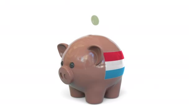 Mettre de l'argent dans une tirelire avec le drapeau du Luxembourg. Régime fiscal ou épargne liée à l'animation 3D conceptuelle — Video