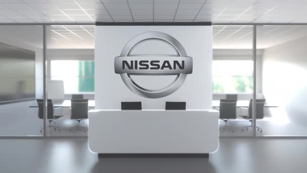 Logotipo de NISSAN por encima de la recepción en la oficina moderna, animación conceptual editorial 3D — Vídeo de stock