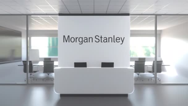 Morgan Stanley logosu modern ofiste resepsiyon masasının üstünde, editoryal kavramsal 3D animasyon — Stok video
