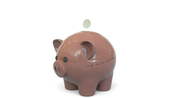 돈은 눈에 보이지 않는 지출 내역 이 있는 돼지 저금통에 떨어진다. 저축 관련 3D 렌더링 — 스톡 사진