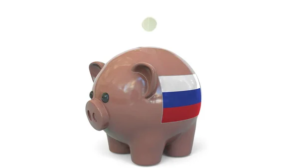 用俄罗斯国旗把钱存进储蓄罐. 税收制度或与储蓄有关的概念 — 图库照片