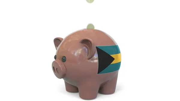 Colocar dinheiro no mealheiro com a bandeira das Bahamas. Sistema de sistema fiscal ou renderização 3D conceitual relacionada com poupança — Fotografia de Stock