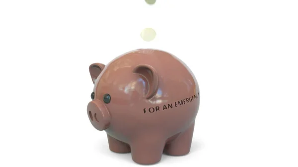 Dinheiro cair em banco porquinho com PARA uma mensagem de EMERGÊNCIA. Renderização 3D — Fotografia de Stock