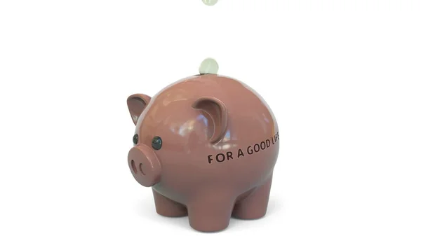 Dinheiro cair em banco porquinho com para uma boa vida texto. Poupança relacionada com a renderização 3D — Fotografia de Stock