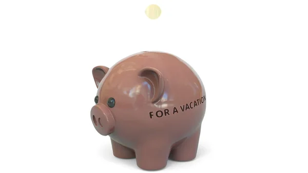 Dinheiro cair em banco porquinho com PARA UM texto VACATION. Poupança relacionada com a renderização 3D — Fotografia de Stock