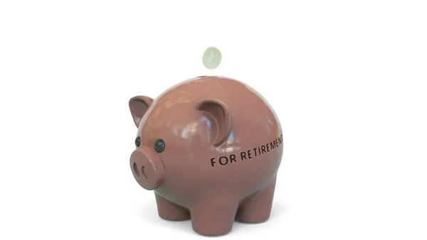 Pengar hamnar i spargris med Pensionering text. Besparingar i samband med 3d-konvertering — Stockfoto