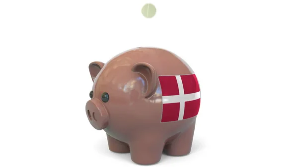 Lägga pengar på spargris med Danmarks flagga. Skattesystem eller sparrelaterad begreppsmässig 3d-konvertering — Stockfoto