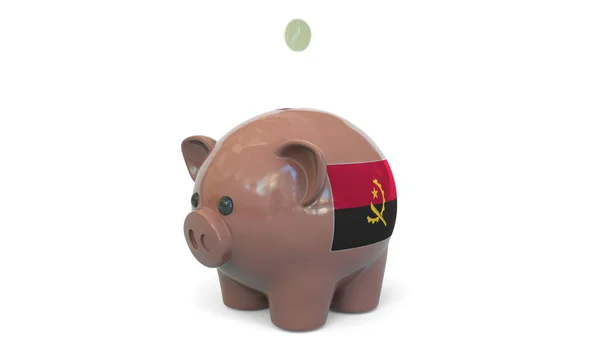 Colocar dinheiro no mealheiro com a bandeira de Angola. Sistema de sistema fiscal ou renderização 3D conceitual relacionada com poupança — Fotografia de Stock