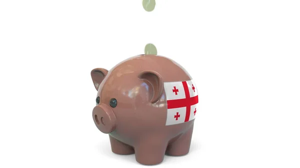 ジョージアの旗を持って貯金箱にお金を入れる。租税制度又は貯蓄関連概念3Dレンダリング — ストック写真