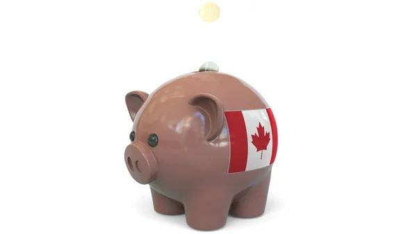 Putting money into piggy bank with flag of Canada. Tax system system or savings related conceptual 3D rendering — Stock Photo, Image